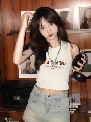 [Shoulder and Collar Cover] Summer Dopamine Outfit: Sleeveless T-shirt, American Style Short Hot Girl Slim Fit Tank Top