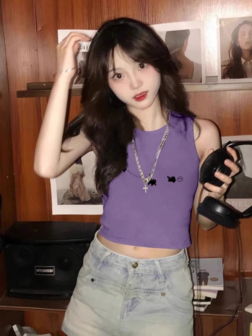 [Shoulder and Collar Cover] Summer Dopamine Outfit: Sleeveless T-shirt, American Style Short Hot Girl Slim Fit Tank Top