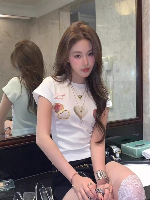 [1*1 Pure Cotton Regular Style] Printed Straight Shoulder Regular Short Sleeve High Elasticity New Summer Slim Fit