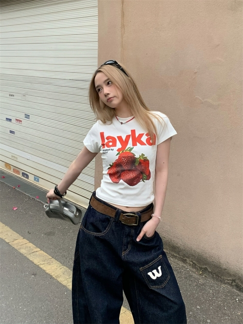 [1*1 Pure Cotton Regular Style] Printed Straight Shoulder Regular Short Sleeve High Elasticity New Summer Slim Fit