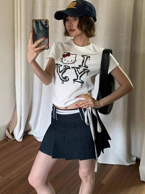 [1*1 Pure Cotton Regular Style] Printed Straight Shoulder Regular Short Sleeve High Elasticity New Summer Slim Fit