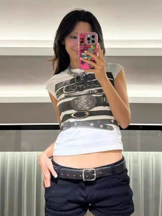 [1*1 Pure Cotton Regular Style] Printed Straight Shoulder Regular Short Sleeve High Elasticity New Summer Slim Fit