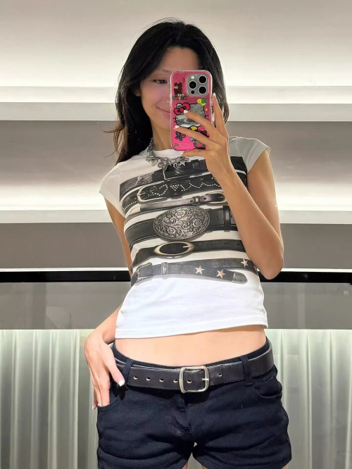 [1*1 Pure Cotton Regular Style] Printed Straight Shoulder Regular Short Sleeve High Elasticity New Summer Slim Fit