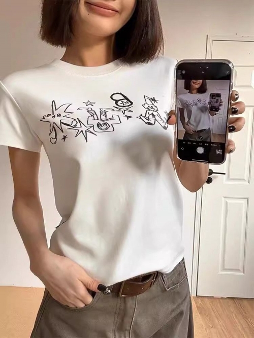 [1*1 Pure Cotton Regular Style] Printed Straight Shoulder Regular Short Sleeve High Elasticity New Summer Slim Fit