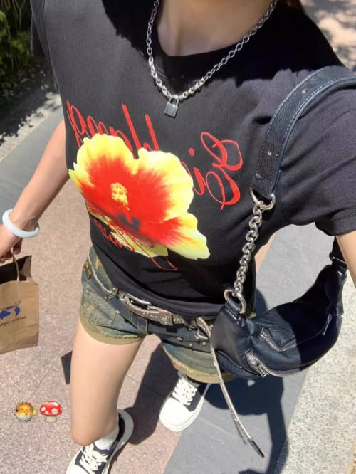 [1*1 Pure Cotton Regular Style] Printed Straight Shoulder Regular Short Sleeve High Elasticity New Summer Slim Fit