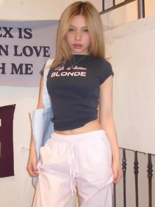 [1*1 Pure Cotton Regular Style] Printed Straight Shoulder Regular Short Sleeve High Elasticity New Summer Slim Fit