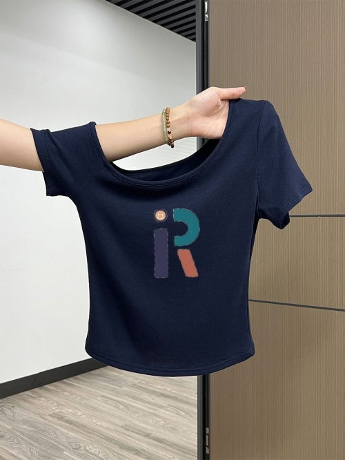 Korean style navy blue off-shoulder slim-fit short-sleeved t-shirt for women, new summer style, petite, short, pure cotton, absolutely gorgeous top.