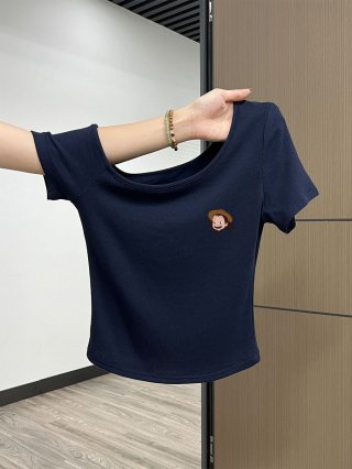 Korean style navy blue off-shoulder slim-fit short-sleeved t-shirt for women, new summer style, petite, short, pure cotton, absolutely gorgeous top. Korean style navy blue off-shoulder slim-fit short-sleeved t-shirt for women, new summer style, petite, short, pure cotton, absolutely gorgeous top.