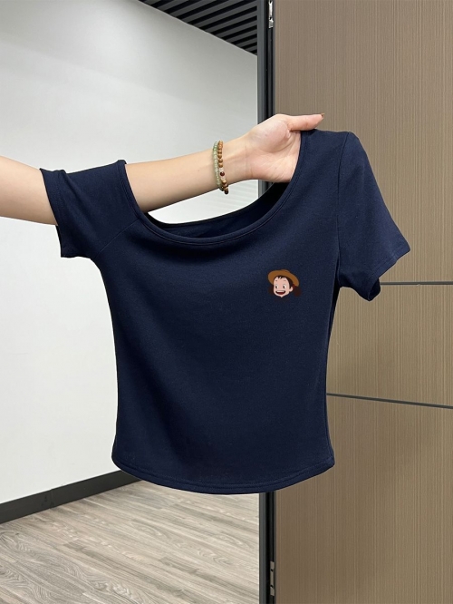 Korean style navy blue off-shoulder slim-fit short-sleeved t-shirt for women, new summer style, petite, short, pure cotton, absolutely gorgeous top.