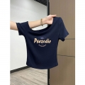 Korean style navy blue off-shoulder slim-fit short-sleeved t-shirt for women, new summer style, petite, short, pure cotton, absolutely gorgeous top.