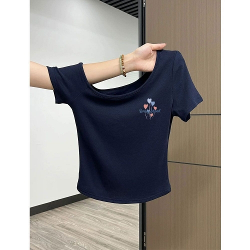 Korean style navy blue off-shoulder slim-fit short-sleeved t-shirt for women, new summer style, petite, short, pure cotton, absolutely gorgeous top.
