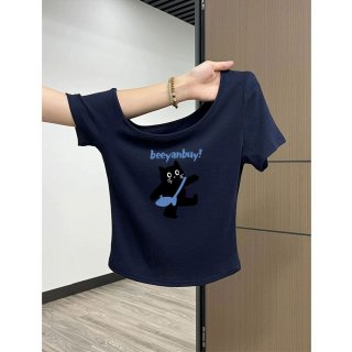 Korean style navy blue off-shoulder slim-fit short-sleeved t-shirt for women, new summer style, petite, short, pure cotton, absolutely gorgeous top. Korean style navy blue off-shoulder slim-fit short-sleeved t-shirt for women, new summer style, petite, short, pure cotton, absolutely gorgeous top.