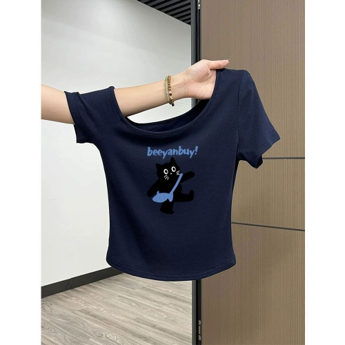Korean style navy blue off-shoulder slim-fit short-sleeved t-shirt for women, new summer style, petite, short, pure cotton, absolutely gorgeous top. Korean style navy blue off-shoulder slim-fit short-sleeved t-shirt for women, new summer style, petite, short, pure cotton, absolutely gorgeous top.