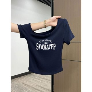 Korean style navy blue off-shoulder slim-fit short-sleeved t-shirt for women, new summer style, petite, short, pure cotton, absolutely gorgeous top. Korean style navy blue off-shoulder slim-fit short-sleeved t-shirt for women, new summer style, petite, short, pure cotton, absolutely gorgeous top.