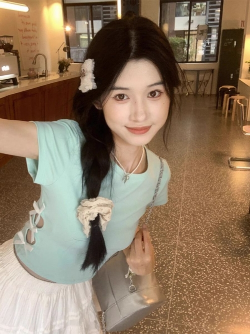 Women's 220g pure cotton 92% cotton 8% spandex printed hollow bow short-sleeved T-shirt