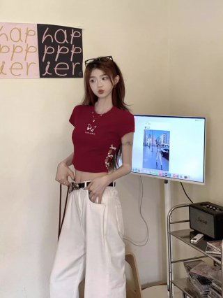 Women's 220g pure cotton 92% cotton 8% spandex printed hollow bow short-sleeved T-shirt Women's 220g pure cotton 92% cotton 8% spandex printed hollow bow short-sleeved T-shirt