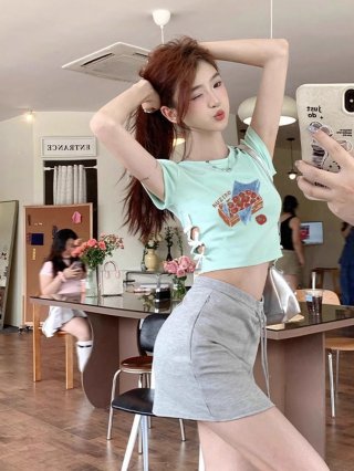 Women's 220g pure cotton 92% cotton 8% spandex printed hollow bow short-sleeved T-shirt