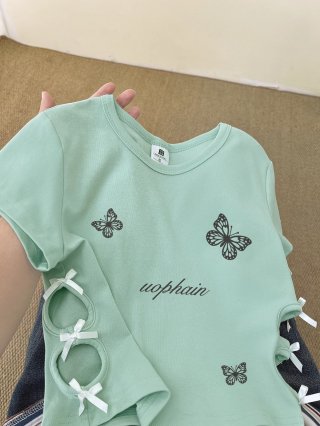 Women's 220g pure cotton 92% cotton 8% spandex printed hollow bow short-sleeved T-shirt