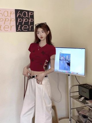 Women's 220g pure cotton 92% cotton 8% spandex printed hollow bow short-sleeved T-shirt