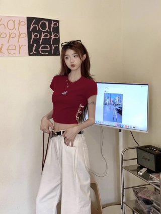 Women's 220g pure cotton 92% cotton 8% spandex printed hollow bow short-sleeved T-shirt