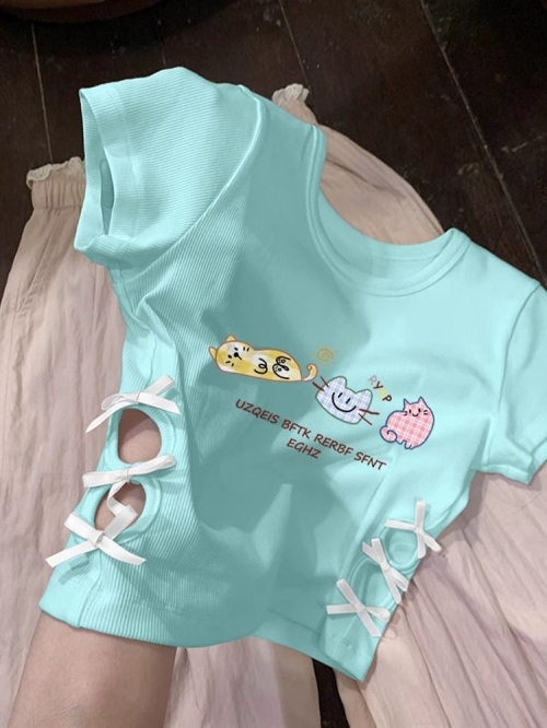 Women's 220g pure cotton 92% cotton 8% spandex printed hollow bow short-sleeved T-shirt Women's 220g pure cotton 92% cotton 8% spandex printed hollow bow short-sleeved T-shirt