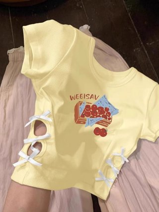 Women's 220g pure cotton 92% cotton 8% spandex printed hollow bow short-sleeved T-shirt Women's 220g pure cotton 92% cotton 8% spandex printed hollow bow short-sleeved T-shirt