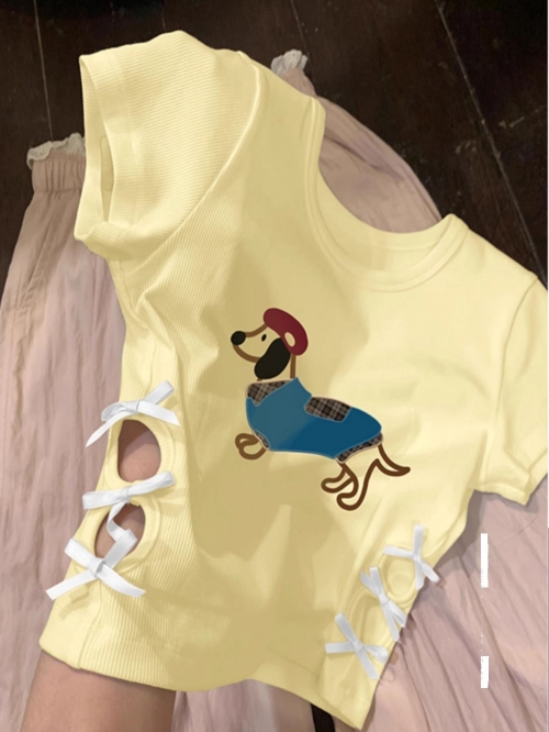 Women's 220g pure cotton 92% cotton 8% spandex printed hollow bow short-sleeved T-shirt