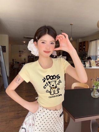 Women's 220g pure cotton 92% cotton 8% spandex printed hollow bow short-sleeved T-shirt