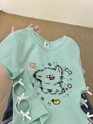 Women's 220g pure cotton 92% cotton 8% spandex printed hollow bow short-sleeved T-shirt