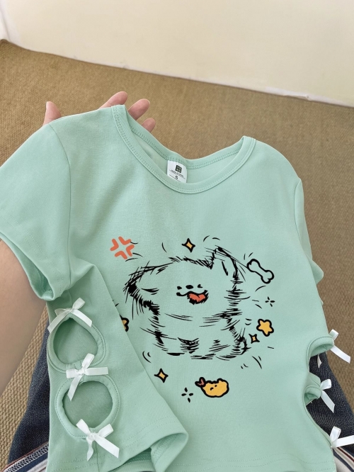 Women's 220g pure cotton 92% cotton 8% spandex printed hollow bow short-sleeved T-shirt Women's 220g pure cotton 92% cotton 8% spandex printed hollow bow short-sleeved T-shirt