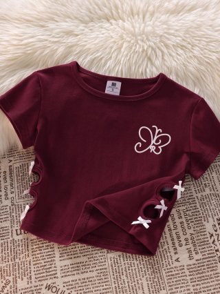 Women's 220g pure cotton 92% cotton 8% spandex printed hollow bow short-sleeved T-shirt