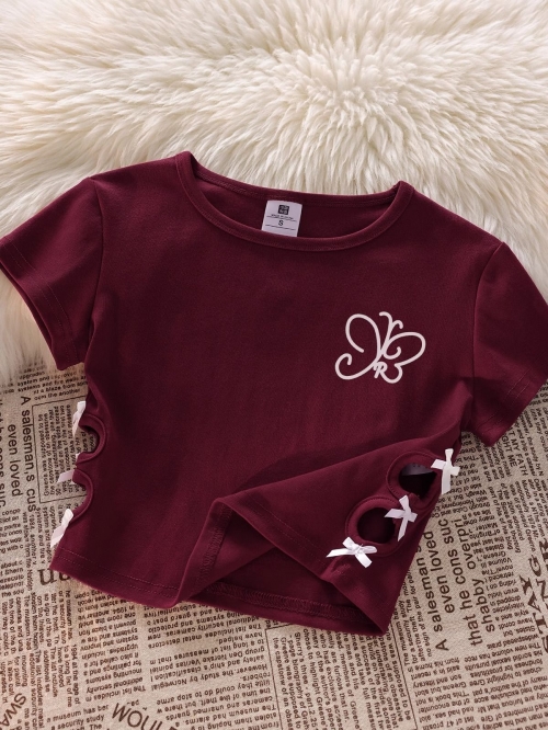 Women's 220g pure cotton 92% cotton 8% spandex printed hollow bow short-sleeved T-shirt Women's 220g pure cotton 92% cotton 8% spandex printed hollow bow short-sleeved T-shirt