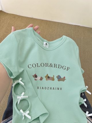 Women's 220g pure cotton 92% cotton 8% spandex printed hollow bow short-sleeved T-shirt