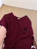 Women's 220g pure cotton 92% cotton 8% spandex printed hollow bow short-sleeved T-shirt