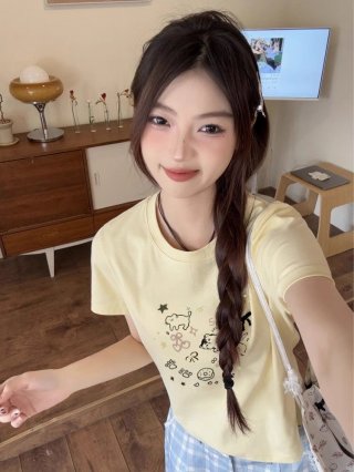 [1*1 Pure Cotton Regular Style] Printed Straight Shoulder Regular Short Sleeve High Elasticity New Summer Slim Fit