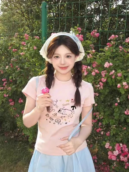 [1*1 Pure Cotton Regular Style] Printed Straight Shoulder Regular Short Sleeve High Elasticity New Summer Slim Fit