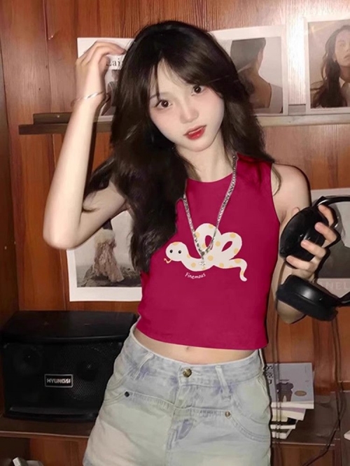 [Shoulder and Collar Cover] Summer Dopamine Outfit: Sleeveless T-shirt, American Style Short Hot Girl Slim Fit Tank Top