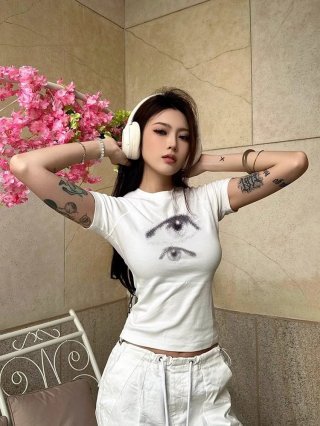 [1*1 Pure Cotton Regular Style] Printed Straight Shoulder Regular Short Sleeve High Elasticity New Summer Slim Fit