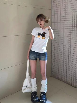 [1*1 Pure Cotton Regular Style] Printed Straight Shoulder Regular Short Sleeve High Elasticity New Summer Slim Fit