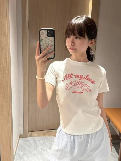 [1*1 Pure Cotton Regular Style] Printed Straight Shoulder Regular Short Sleeve High Elasticity New Summer Slim Fit