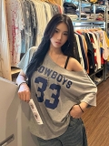 American retro style off-shoulder short-sleeved t-shirt for women, summer design, unique loose fit, sexy top.