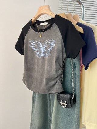 [1*1 Pure Cotton High Elasticity] Women's Pleated Waist-Slim Printed Tie-Dye Short-Sleeve T-Shirt