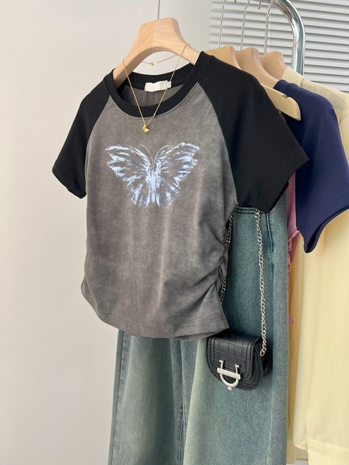 [1*1 Pure Cotton High Elasticity] Women's Pleated Waist-Slim Printed Tie-Dye Short-Sleeve T-Shirt