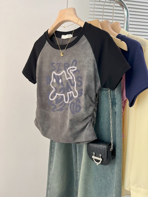 [1*1 Pure Cotton High Elasticity] Women's Pleated Waist-Slim Printed Tie-Dye Short-Sleeve T-Shirt