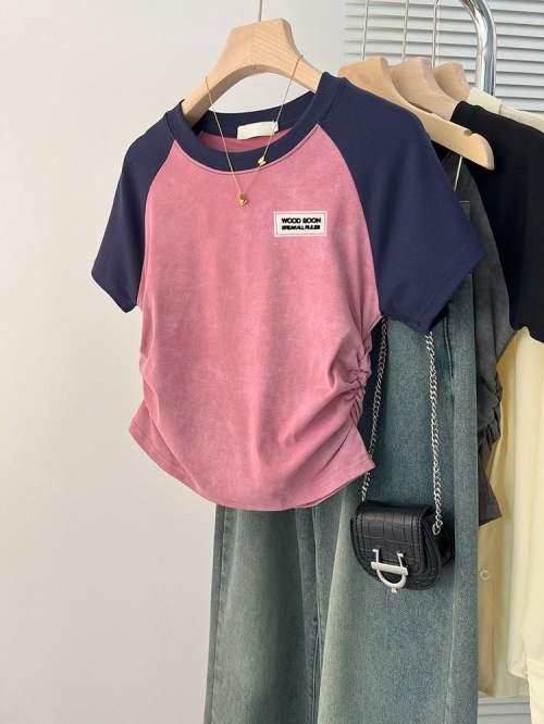 [1*1 Pure Cotton High Elasticity] Women's Pleated Waist-Slim Printed Tie-Dye Short-Sleeve T-Shirt