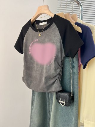 [1*1 Pure Cotton High Elasticity] Women's Pleated Waist-Slim Printed Tie-Dye Short-Sleeve T-Shirt