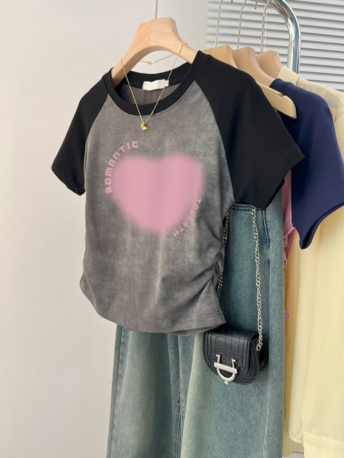 [1*1 Pure Cotton High Elasticity] Women's Pleated Waist-Slim Printed Tie-Dye Short-Sleeve T-Shirt