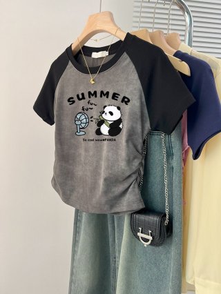 [1*1 Pure Cotton High Elasticity] Women's Pleated Waist-Slim Printed Tie-Dye Short-Sleeve T-Shirt