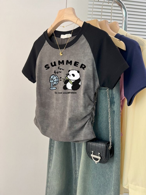 [1*1 Pure Cotton High Elasticity] Women's Pleated Waist-Slim Printed Tie-Dye Short-Sleeve T-Shirt