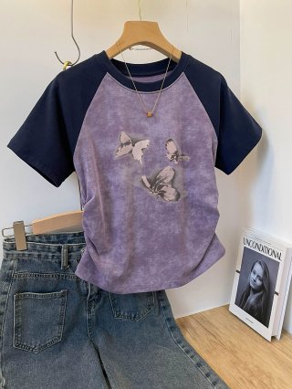 [1*1 Pure Cotton High Elasticity] Women's Pleated Waist-Slim Printed Tie-Dye Short-Sleeve T-Shirt